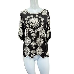Women's S Solitaire Black & Cream Embroidered Top handkerchief‎ Boho Classic Guc